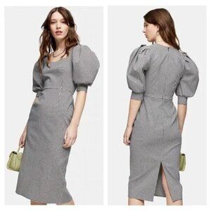 Topshop Gingham Square Neck Puff Sleeve Bodycon Midi Dress NWT size 8